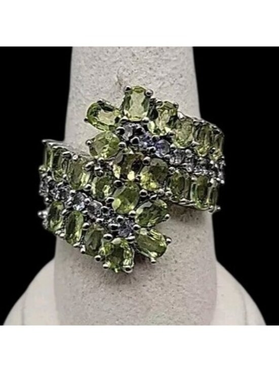 None Jewelry - Sterling Silver 925 Peridot Tanzanite Bypass Cluster Ring 9 AS IS Missing Stone